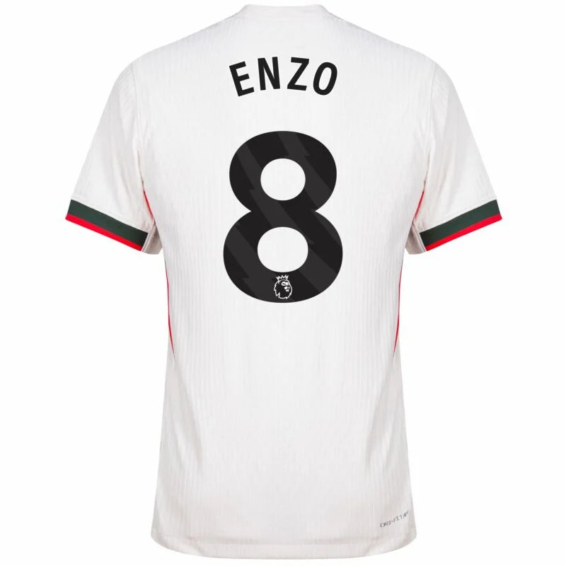 Chelsea Enzo Fernández Away Kit 2025/26 (Premier League) – geometric and blue and black and striped and white retro football jersey front view