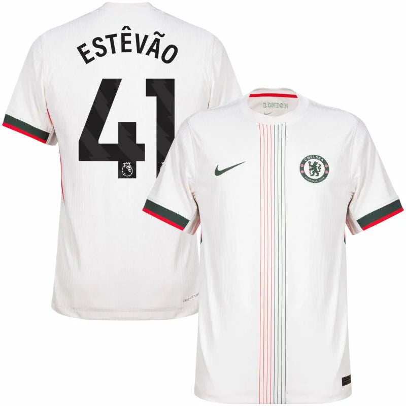 Chelsea Estêvão Away Kit 2025/26 (Premier League) – geometric and blue and black and striped and white retro football jersey back view
