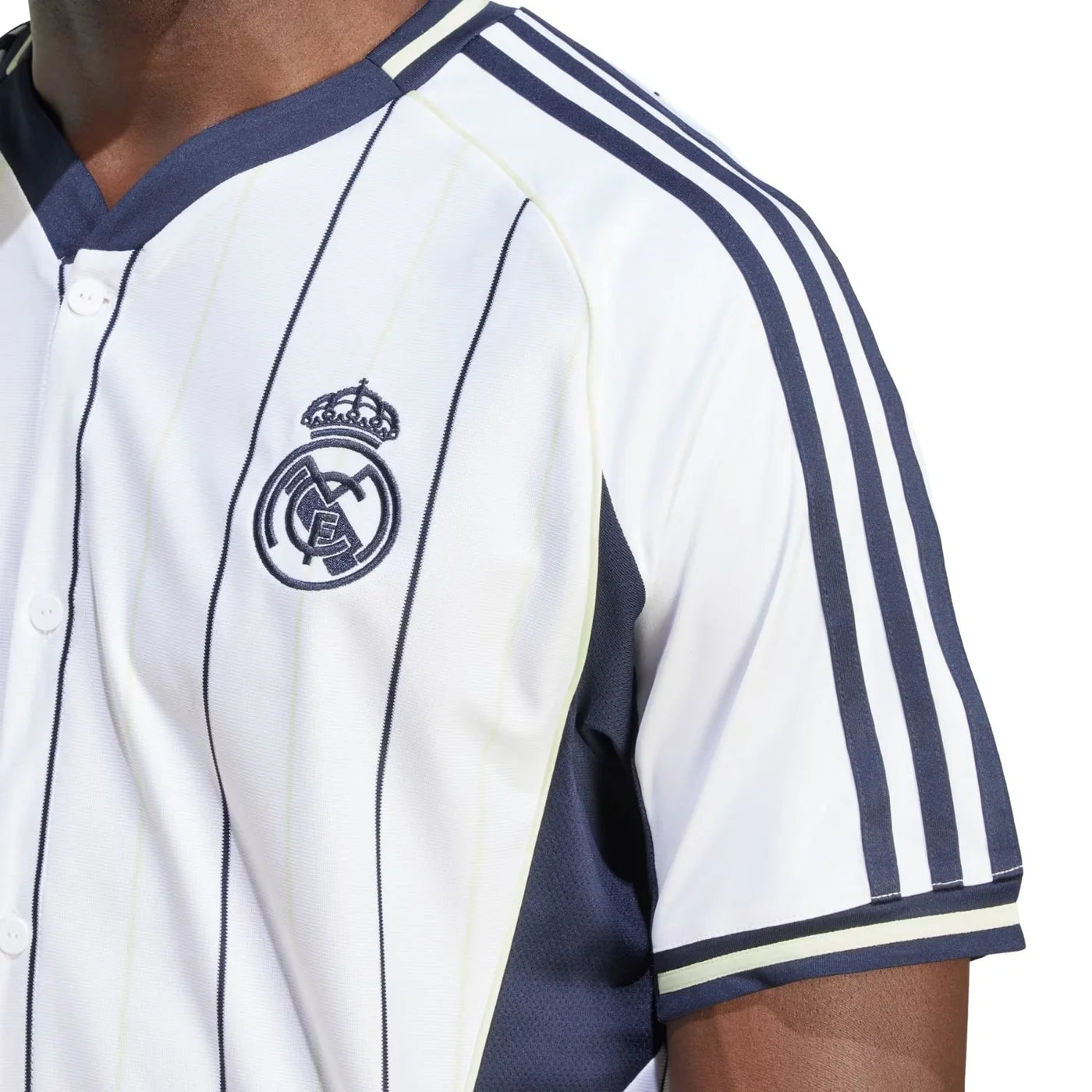 Real Madrid Adidas Baseball Jersey – striped and red retro football jersey detail view