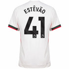 Chelsea Estêvão Away Kit 2025/26 (Premier League) – geometric and blue and black and striped and white retro football jersey front view