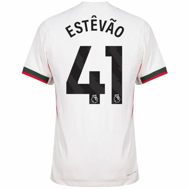 Chelsea Estêvão Away Kit 2025/26 (Premier League) – geometric and blue and black and striped and white retro football jersey front view