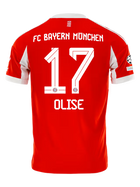 Bayern Munich Olise Home Kit 2025/26 (Champions League) – red and striped retro football jersey front view