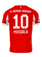 Bayern Munich Musiala Home Kit 2025/26 (Champions League) – red and striped retro football jersey front view