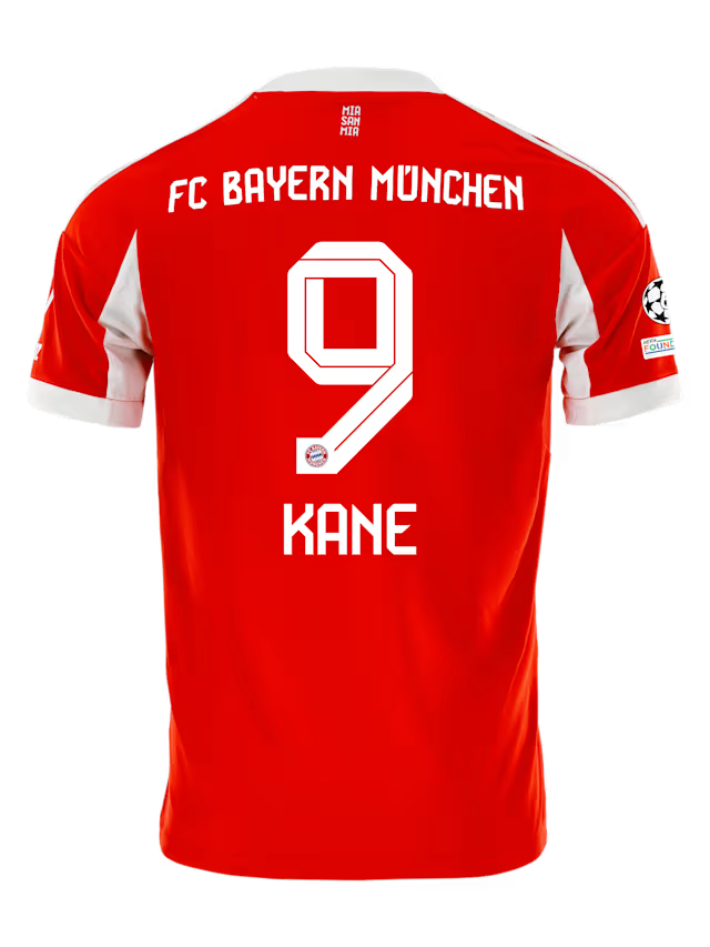 Bayern Munich Kane Home Kit 2025/26 (Champions League) – red and striped retro football jersey front view