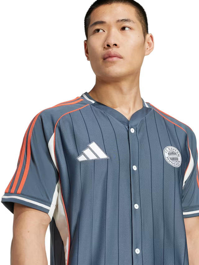 Bayern Munich Adidas Baseball Jersey – striped and navy and white retro football jersey detail view