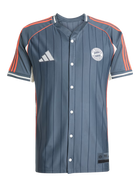 Bayern Munich Adidas Baseball Jersey – striped and navy and white retro football jersey front view