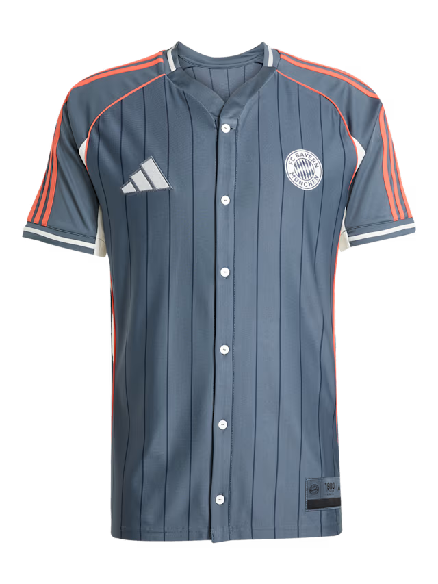 Bayern Munich Adidas Baseball Jersey – striped and navy and white retro football jersey front view