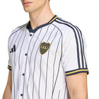 Boca Juniors Adidas Baseball Jersey – striped and navy and white retro football jersey detail view