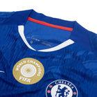 Chelsea Home Kit 2025/26 WC Champions – geometric and blue retro football jersey detail view