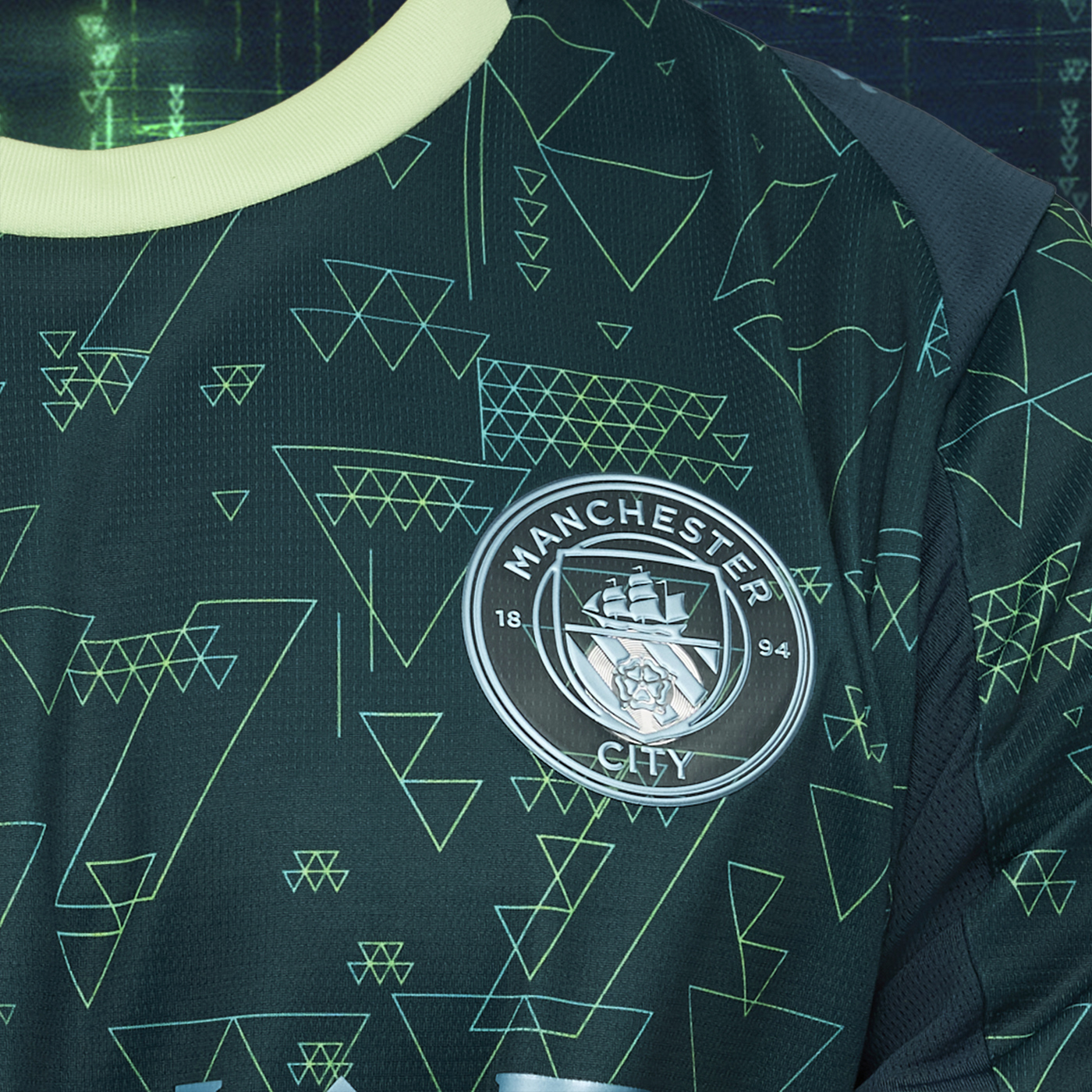 Manchester City 4th Kit 2025/26 – geometric retro football jersey detail view