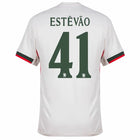 Chelsea Estêvão Away Kit 2025/26 (Champions League) – geometric and blue and black and striped and white retro football jersey front view