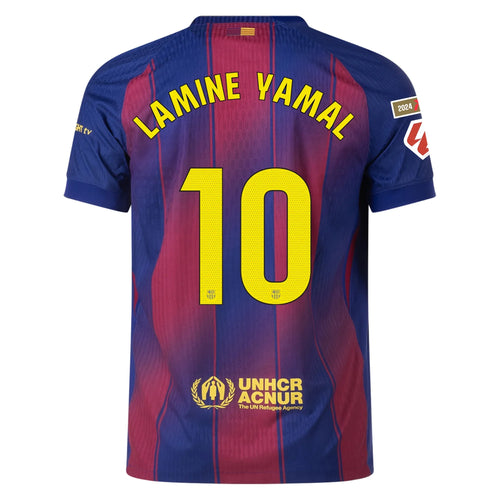 Barcelona Home Kit Lamine Yamal #10 2025/26 (La Liga) – red and striped and blue retro football jersey front view