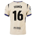 Barcelona Away Kit Fermín #16 2025/26 (Champions League) – beige and white and geometric retro football jersey front view