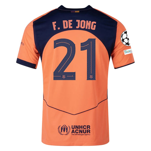 Barcelona 3rd kit F. de Jong #21 2025/26 (Champions League) – beige and orange and geometric retro football jersey front view