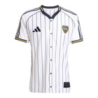 Boca Juniors Adidas Baseball Jersey – striped and navy and white retro football jersey front view