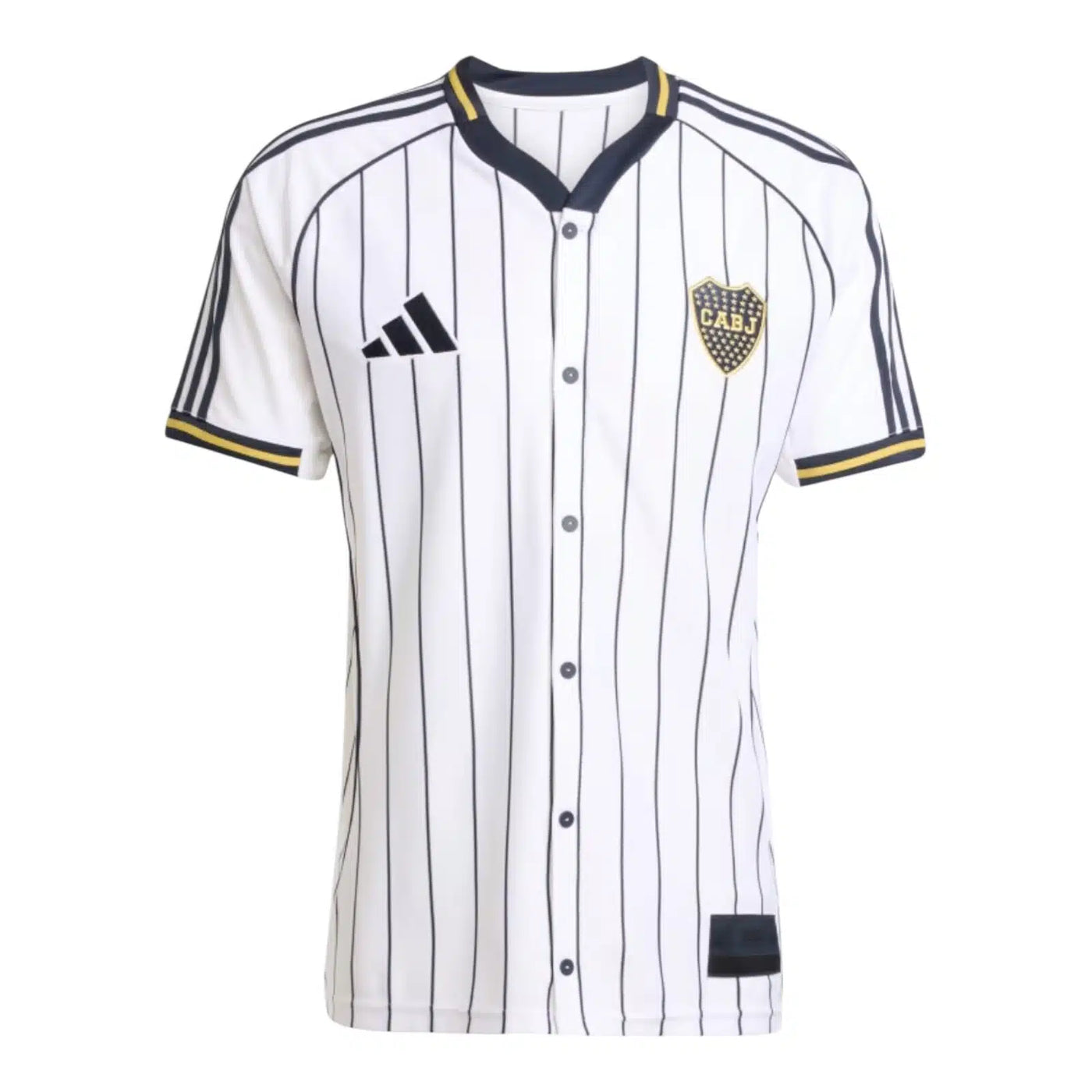 Boca Juniors Adidas Baseball Jersey – striped and navy and white retro football jersey front view