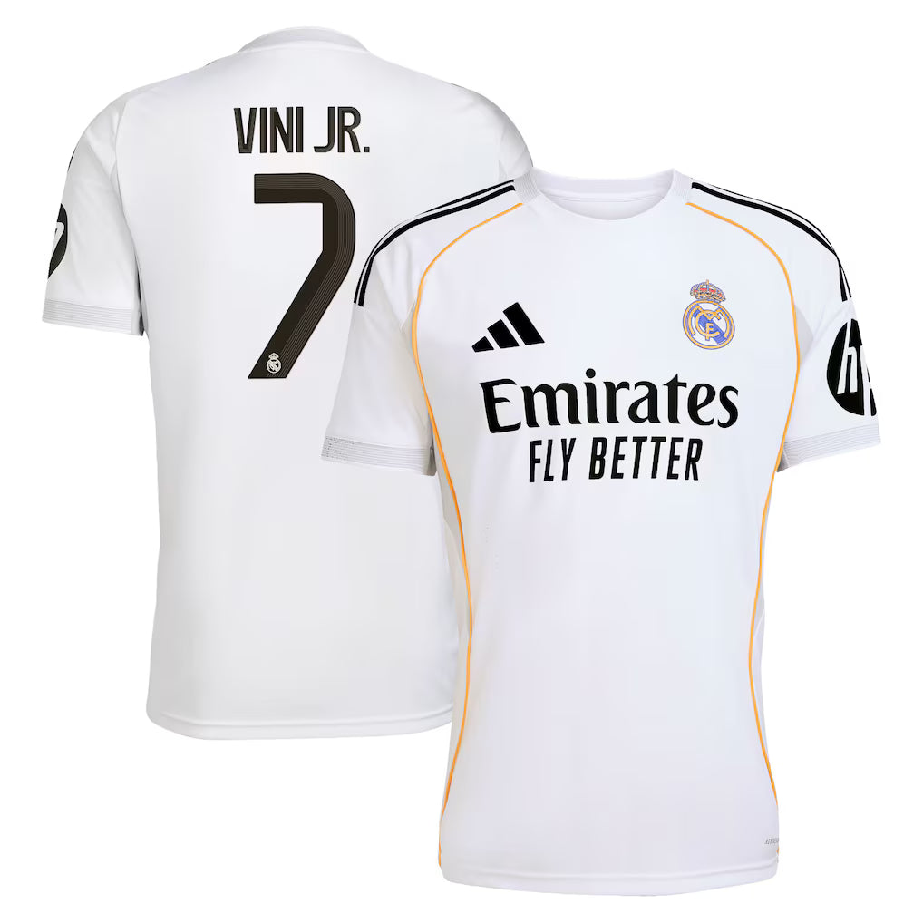 Real Madrid Vini Jr. Home Kit 2025/26 (La Liga) – white retro football jersey detail view