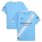 Manchester City Home Jersey 2025/26 Season – striped and blue retro football jersey detail view