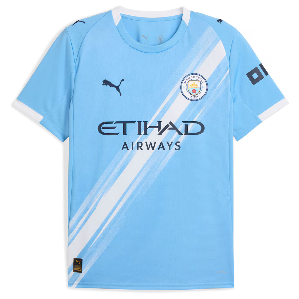 Manchester City Home Jersey 2025/26 Season – striped and blue retro football jersey front view