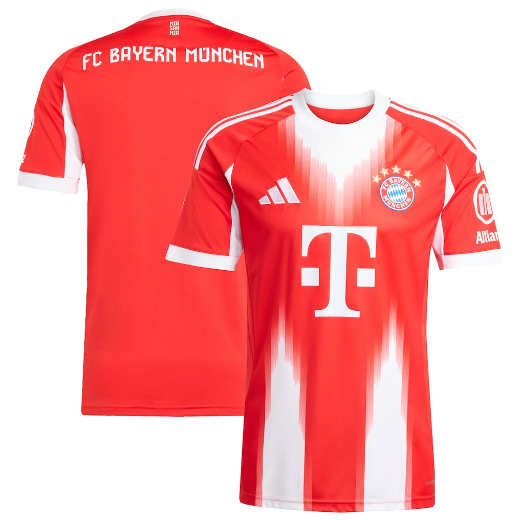 Bayern Munich Home Kit 2025/26 – striped and red retro football jersey detail view