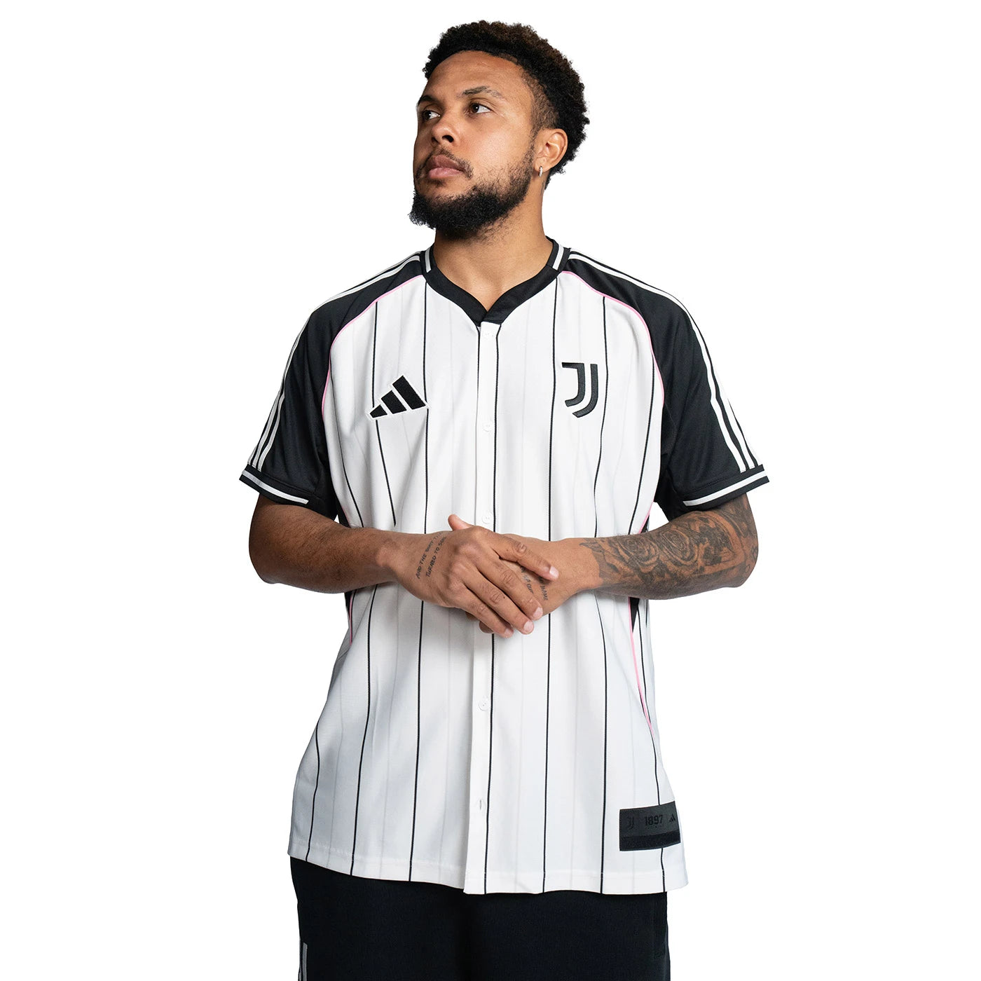Juventus Adidas Baseball Jersey – striped and navy and white retro football jersey detail view