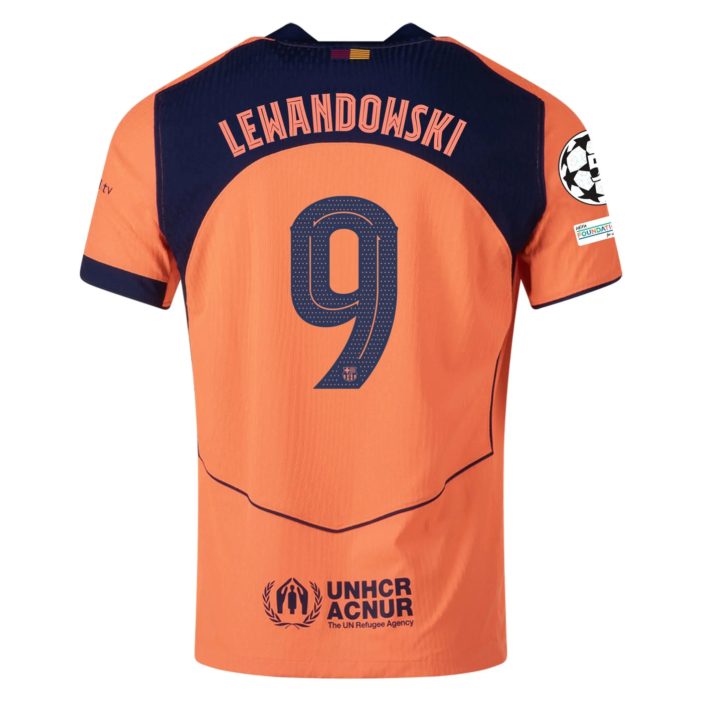 Barcelona 3rd kit Lewandowski #9 2025/26 (Champions League) – orange and geometric and striped retro football jersey front view