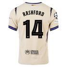 Barcelona Away Kit Rashford #14 2025/26 (Champions League) – beige and white and geometric retro football jersey front view