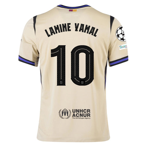 Barcelona Away Kit Lamine Yamal #10 2025/26 (Champions League) – beige and white retro football jersey front view