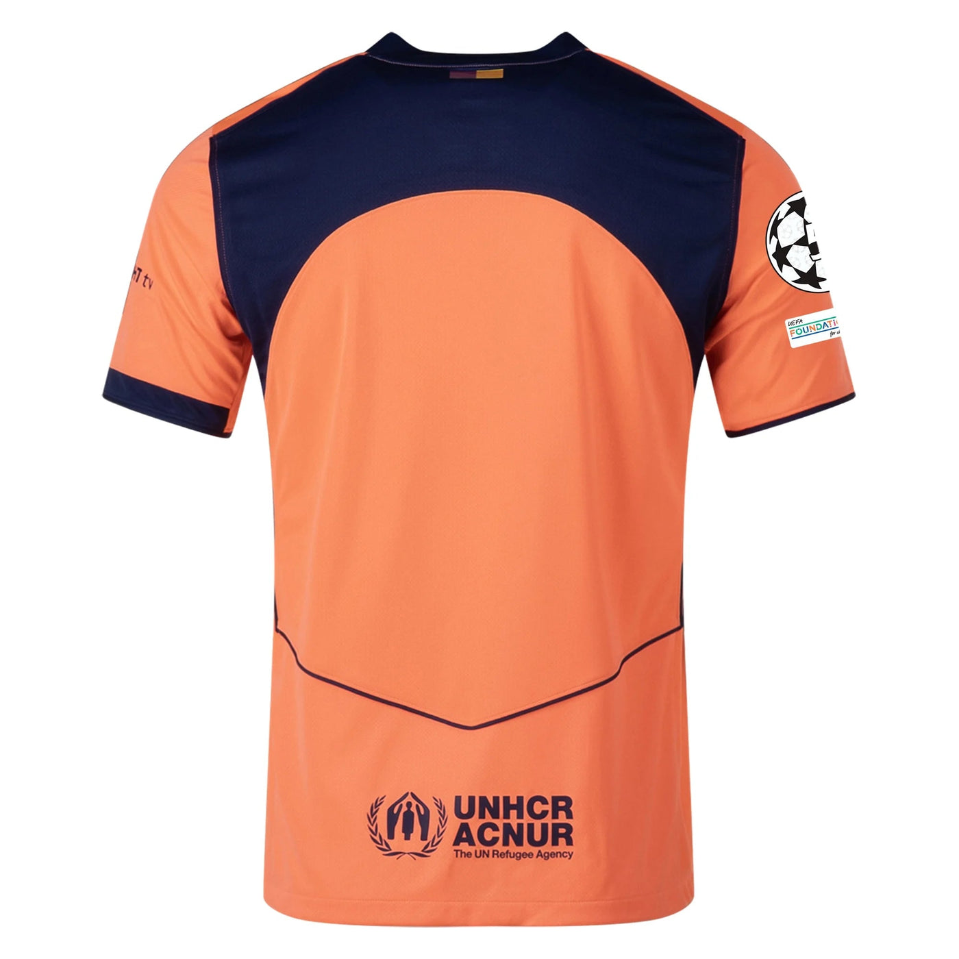 FC Barcelona 3rd Kit - 2025/2026 Season (Champions League) – striped and orange retro football jersey back view