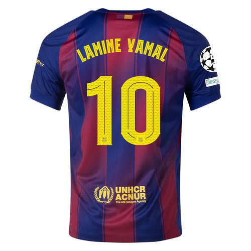 Barcelona Home Kit Lamine Yamal #10 2025/26 (Champions League) – striped retro football jersey front view
