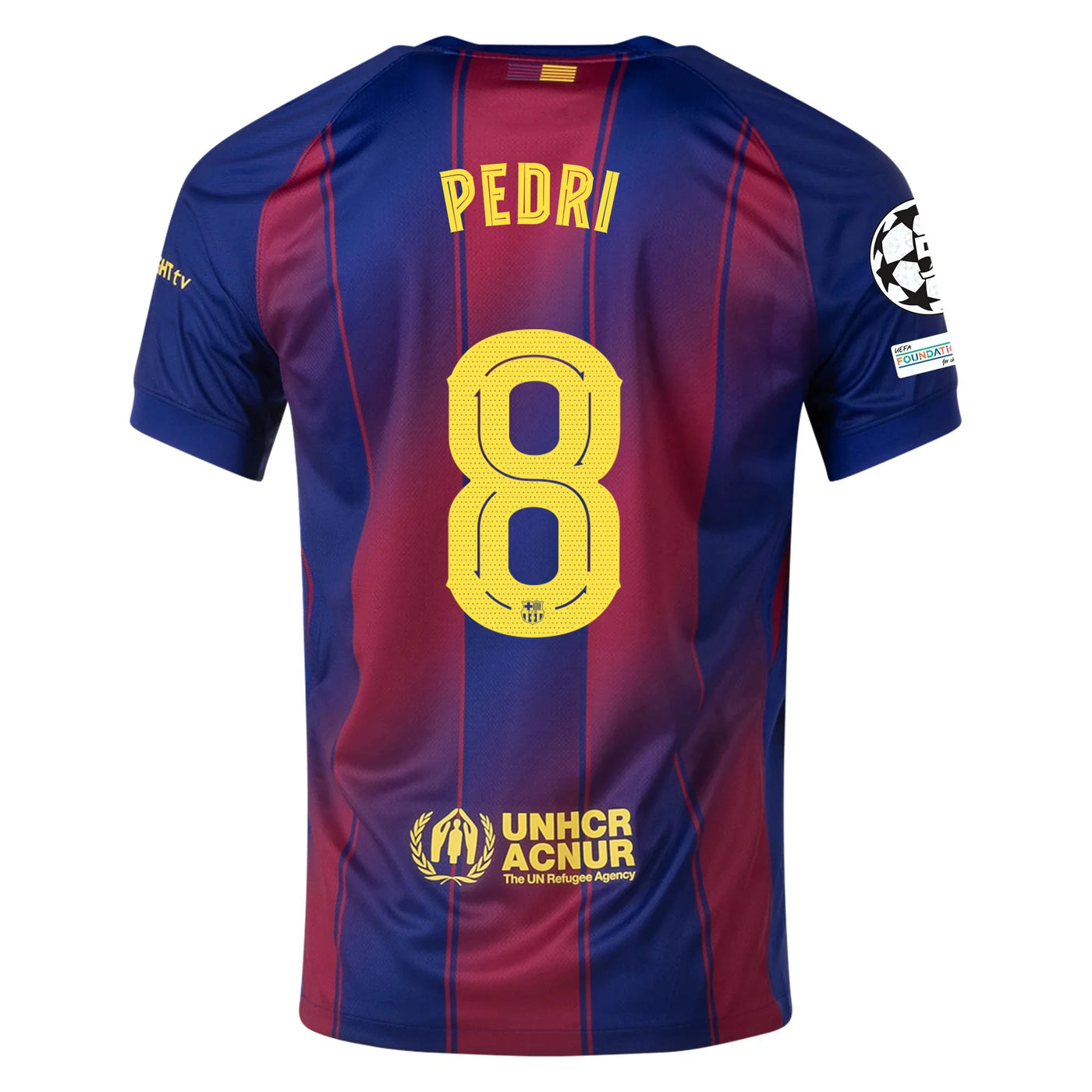 Barcelona Home kit Pedri #8 2025/26 (Champions League) – striped retro football jersey front view