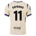 Barcelona Away Kit Raphinha #11 2025/26 (Champions League) – beige and white retro football jersey front view