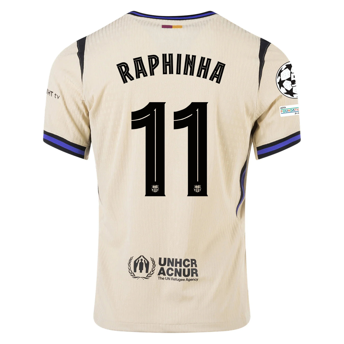 Barcelona Away Kit Raphinha #11 2025/26 (Champions League) – beige and white retro football jersey front view