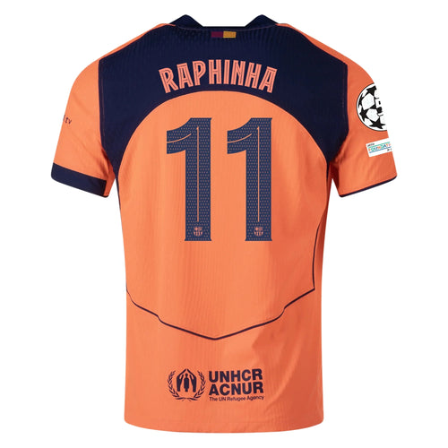 Barcelona 3rd kit Raphinha 2025/26 (Champions League) – orange and geometric retro football jersey front view