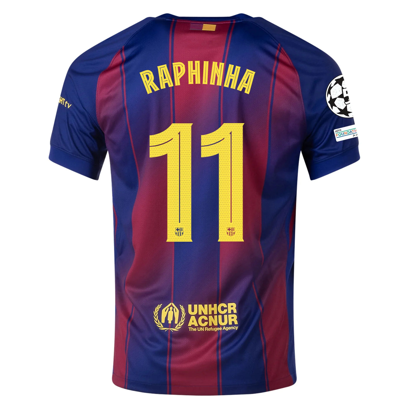 Barcelona Home Kit Raphinha #11 2025/2026 (Champions League) – beige and white retro football jersey front view