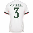 Chelsea Cucurella Away Kit 2025/26 (Champions League) – geometric and blue and black and striped and white retro football jersey front view