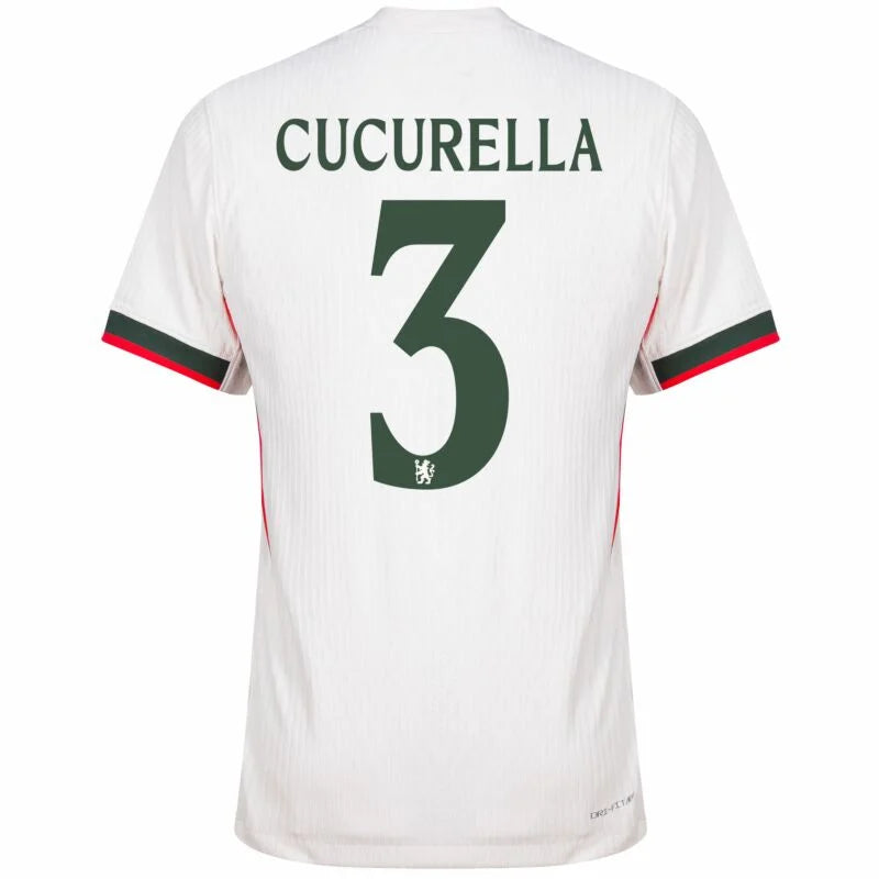 Chelsea Cucurella Away Kit 2025/26 (Champions League) – geometric and blue and black and striped and white retro football jersey front view