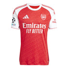 Arsenal Home Kit 2025/2026 (Champions League) – red and geometric retro football jersey front view