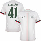 Chelsea Estêvão Away Kit 2025/26 (Champions League) – geometric and blue and black and striped and white retro football jersey side view