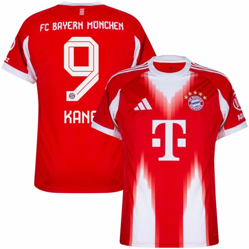 Bayern Munich Kane Home Kit 2025/26 (Champions League) – red and striped retro football jersey detail view