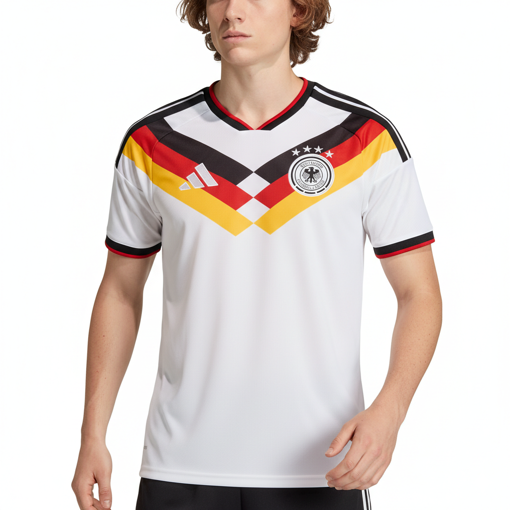Germany Home Kit - 2026 World Cup – striped and white and geometric retro football jersey side view