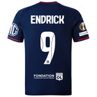 Olympique Lyon Away Kit 25/26 Endrick - (Europa League) – red and striped and blue retro football jersey front view
