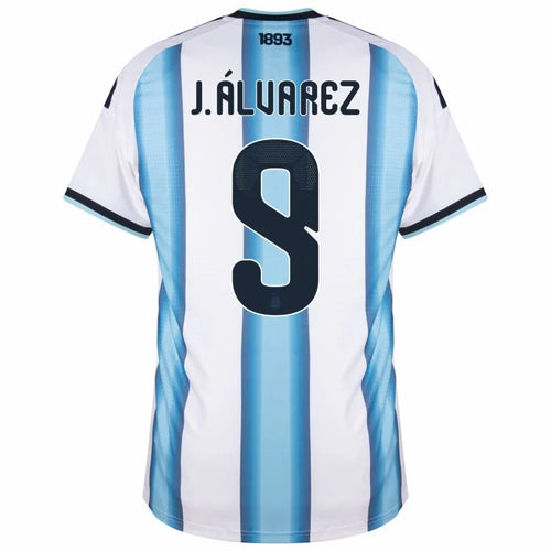 Argentina Julián Álvarez #9 Home Kit - 2026 World Cup – striped retro football jersey front view
