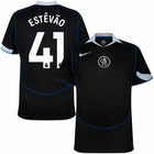 Chelsea Estêvão 3rd Kit 2025/26 (Premier League) – geometric and blue and black retro football jersey side view
