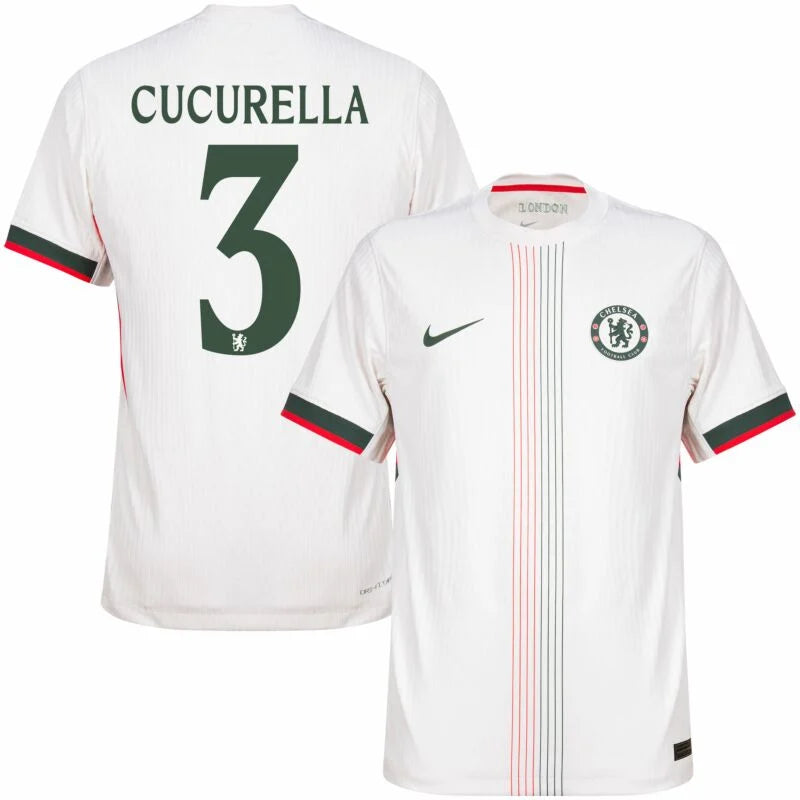 Chelsea Cucurella Away Kit 2025/26 (Champions League) – geometric and blue and black and striped and white retro football jersey side view