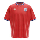 Hinchas Sportswear Store England 1989 retro red Umbro jersey with diamond jacquard pattern, striped collar, and Three Lions crest.