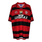 Hinchas Sportswear Store Flamengo retro red and black 1995 Umbro jersey with horizontal stripes and sponsor logos.