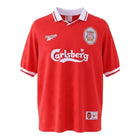 Hinchas Sportswear Store red Liverpool FC 1995/96 retro jersey with white V-collar and cuffs, Carlsberg sponsor.