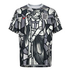 Hinchas Sportswear Store England x Palace Pre-Match Jersey 2026, black, white, grey stained-glass knight graphic, crew neck, Three Lions crest.