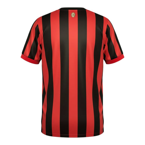 Hinchas Sportswear Store AC Milan 125th Anniversary Jersey: red and black striped, short-sleeve, V-neck football shirt with retro crest and gold detailing.